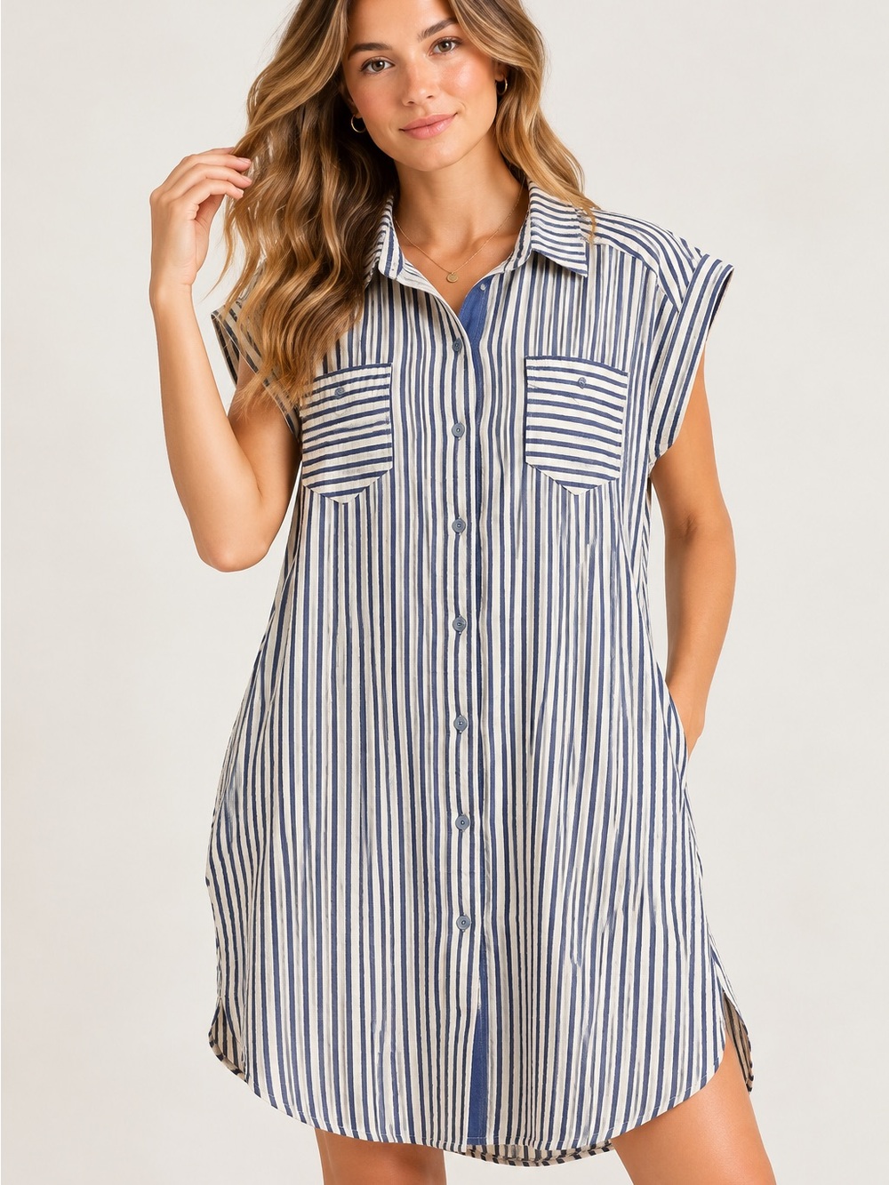 She + Sky Blue White Striped Button Front Shirt Dress Size Large